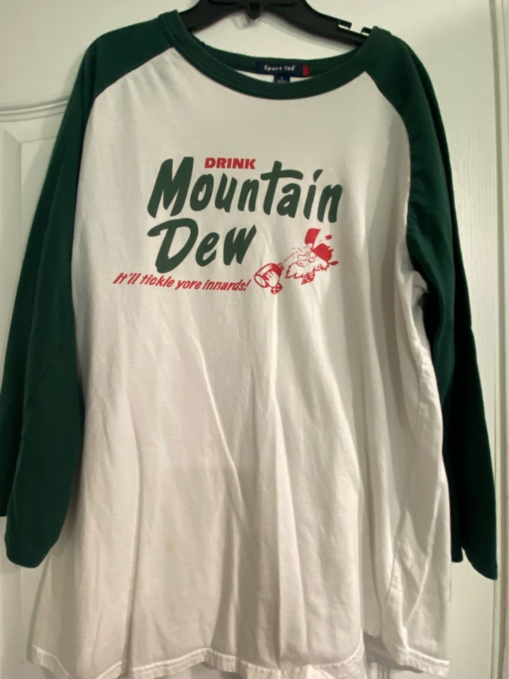Sport-Tek White and Green Mountain Dew Raglan Long Sleeve Tee